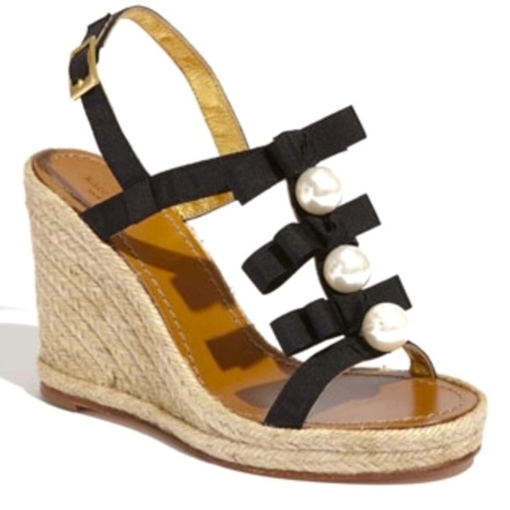 Kate Spade Blake Pearl & Grosgrain Black Ribbon Espadrille Wedge Sandal